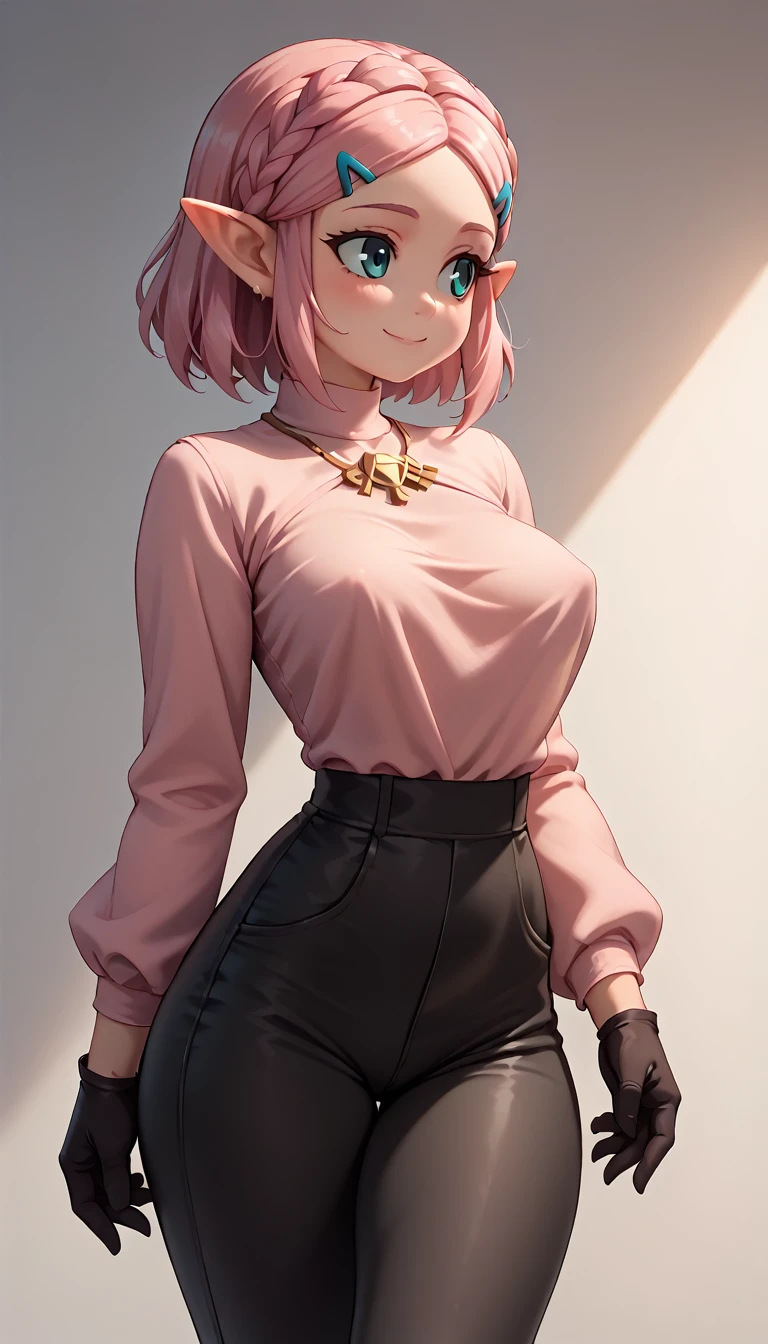 High resolution, Very detailed, perfect lighting, beautiful detailed eyes, ((masterpiece,Best Quality)), absurdities, alone, princess zelda, by the width, crown braid, Hair clip, pointy ears, pink shirt, long sleeves, Gloves without fingers, black gloves, Black pants, tight pants, smile, curves, nod, , deep neckline, deep neckline, bare breasts, bare breasts, NSFW, visible nipples, visible nipples , pink hair, pink hair, looking ahead, looking ahead, acercamiento, acercamiento