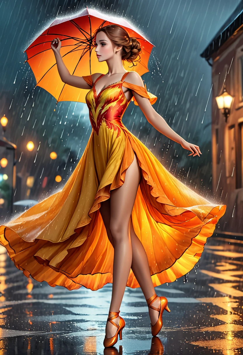 a portrait of female classical ballet prima ballerina dancing in the rain, a full body picture ((anatomically correct: 1.5)) of a exquisite beautiful female dancer wearing silk evening dress, intricate dress dynamic hair color, dynamic hair style, dynamic skin complexion, wearing ballet shoes, wearing thigh highs, ((she is standing in the middle of the rain storm: 1.5)),  she is wet, yet enjoys the dance in the rain, cloudy night, lightning storm, dynamic background, vibrant, Ultra-high resolution, High Contrast, (masterpiece:1.5), highest quality, Best aesthetics), best details, best quality, highres, 16k, (ultra detailed: 1.5), masterpiece, best quality, (extremely detailed) RAW, (ultra details, Masterpiece, best quality), Cinematic Hollywood Film, artxldnc, phoenix dress, 