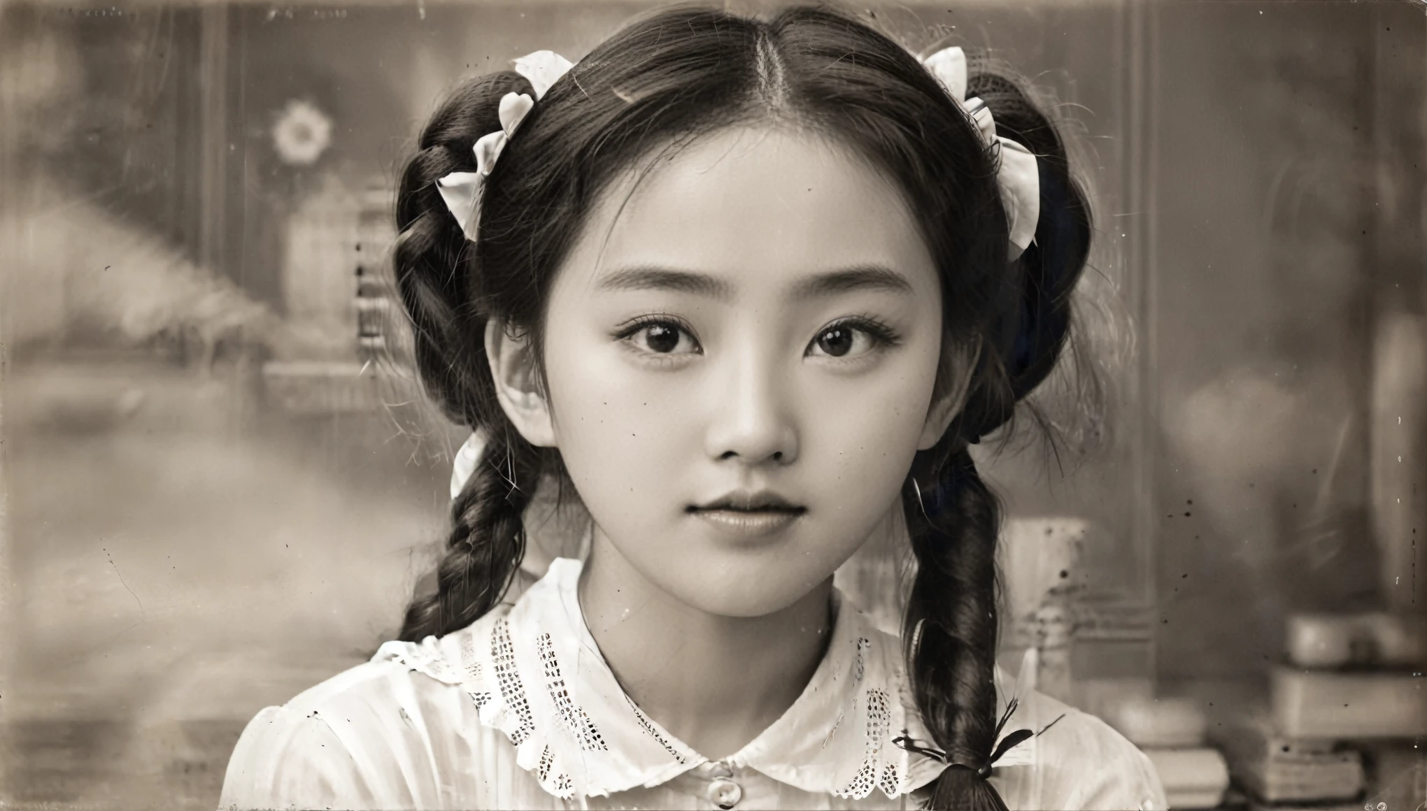 (best quality,4K,8k,highres,​masterpiece:1.2), Ultra-detail, (realisti,photorealisti,photo-realisti:1.37), Black and white photography, portrait, 1920s, Asian Girl, 19yearsold, direct eye contact, pigtail hair, nice, Retro Style, Vintage Mode