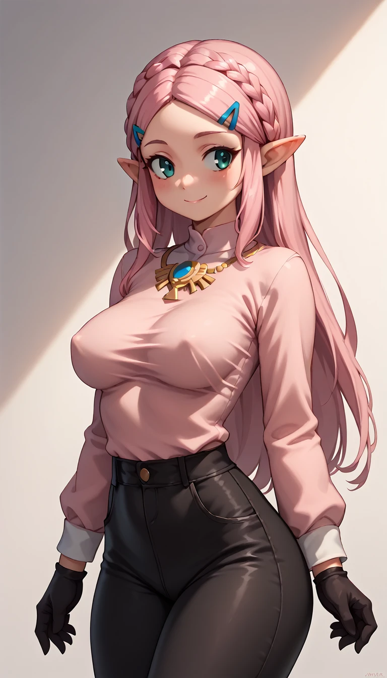 High resolution, Very detailed, perfect lighting, beautiful detailed eyes, ((masterpiece,Best Quality)), absurdities, alone, princess zelda, by the width, crown braid, Hair clip, pointy ears, pink shirt, long sleeves, Gloves without fingers, black gloves, Black pants, tight pants, smile, curves, nod, , deep neckline, deep neckline, bare breasts, bare breasts, NSFW, visible nipples, visible nipples , pink hair, pink hair, looking ahead, looking ahead, acercamiento, acercamiento