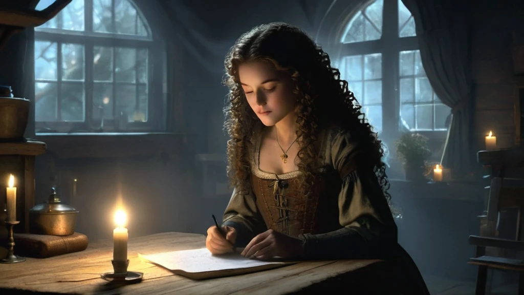 In the dimly lit room of a rustic, dark medieval cottage, a girl with brown, curly hair sits at a weathered wooden table. The flickering light of a single candle casts a warm, wavering glow across her focused face as she diligently sews by hand. Her hands move with practiced ease, threading a needle and mending a tattered piece of fabric. The room is sparsely furnished, with shadows stretching across the walls from the sparse, flickering light. Outside, the dense, foreboding forest is silent, adding to the sense of isolation. The girl’s brow furrows in concentration, her curly hair falling loosely around her shoulders as she works in the solitude of the night.