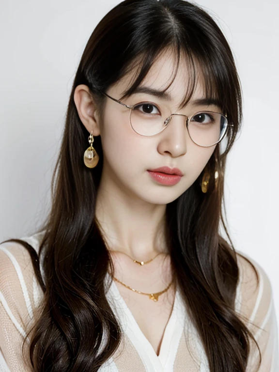 Close-up, sitting on a chair, Gorgeous Young Korean Woman, 1 girl 30 yeas old,　(middle hair, brown hair, fringe,  Tears, Thin outer eyebrows, Small eyes、Eyes are small compared to the face, little smile), (gold ring earring, gold neckless, Black eyeglass),(Chest visible, middle breasts, middle hip), (white blouse,White clothes are very transparent ),