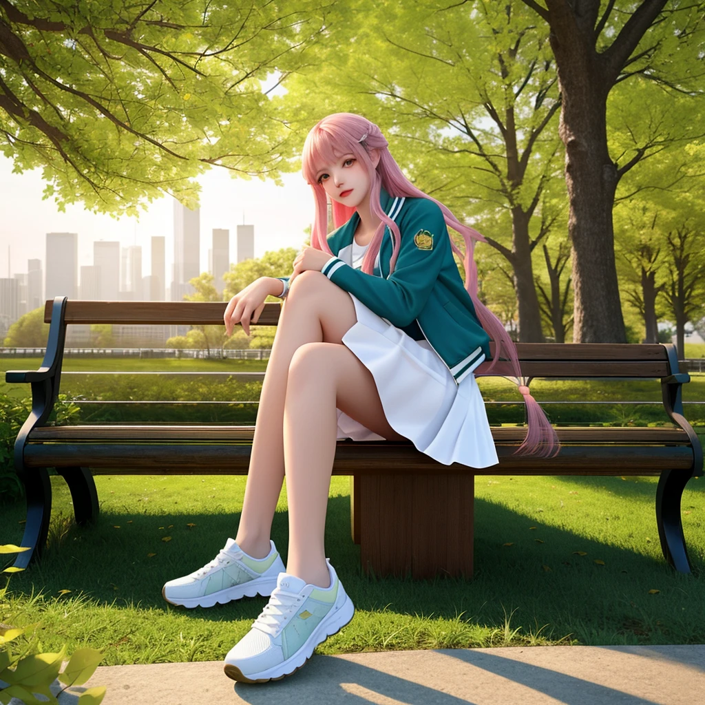 ((best quality)), ((masterpiece)), (detailed), realistic, 8k, a beautiful anime girl, with long pink hair ,white tide shirt, body goals, blue jacket, short Skirt, wearing white sneakers shoes, individual sitting on a park bench. The sun is bright, casting gentle shadows, with golden-yellow leaves on the trees, A serene urban park at midday, with a blend of nature and cityscape in the background The color palette is warm and vibrant, with yellows, oranges, and soft greens, creating an uplifting and motivational atmosphere, The style is soft and illustrated, with smooth lines and gentle textures.