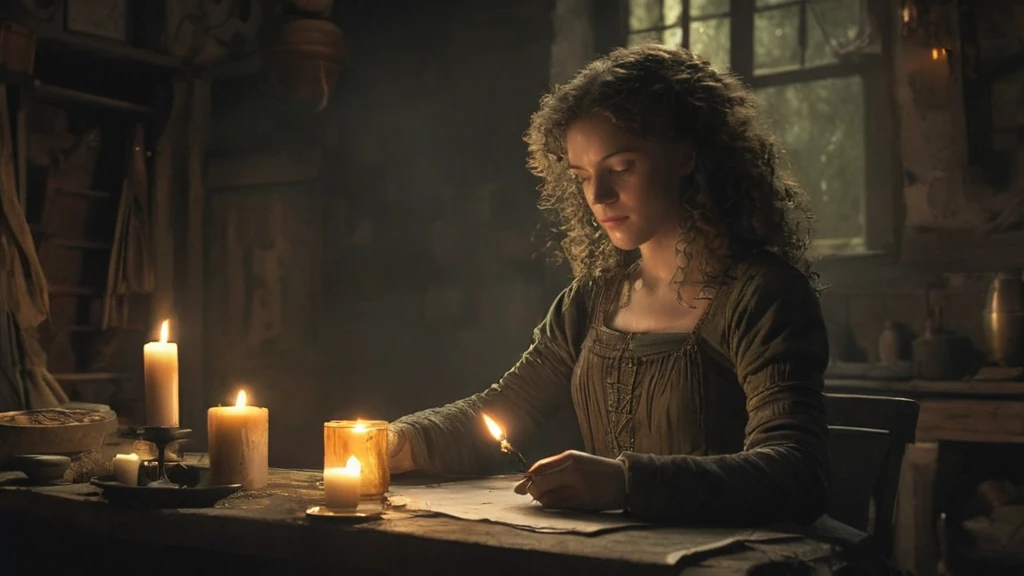 In the dimly lit room of a rustic, dark medieval cottage, a girl with brown, curly hair sits at a weathered wooden table. The flickering light of a single candle casts a warm, wavering glow across her focused face as she diligently sews by hand. Her hands move with practiced ease, threading a needle and mending a tattered piece of fabric. The room is sparsely furnished, with shadows stretching across the walls from the sparse, flickering light. Outside, the dense, foreboding forest is silent, adding to the sense of isolation. The girl’s brow furrows in concentration, her curly hair falling loosely around her shoulders as she works in the solitude of the night.