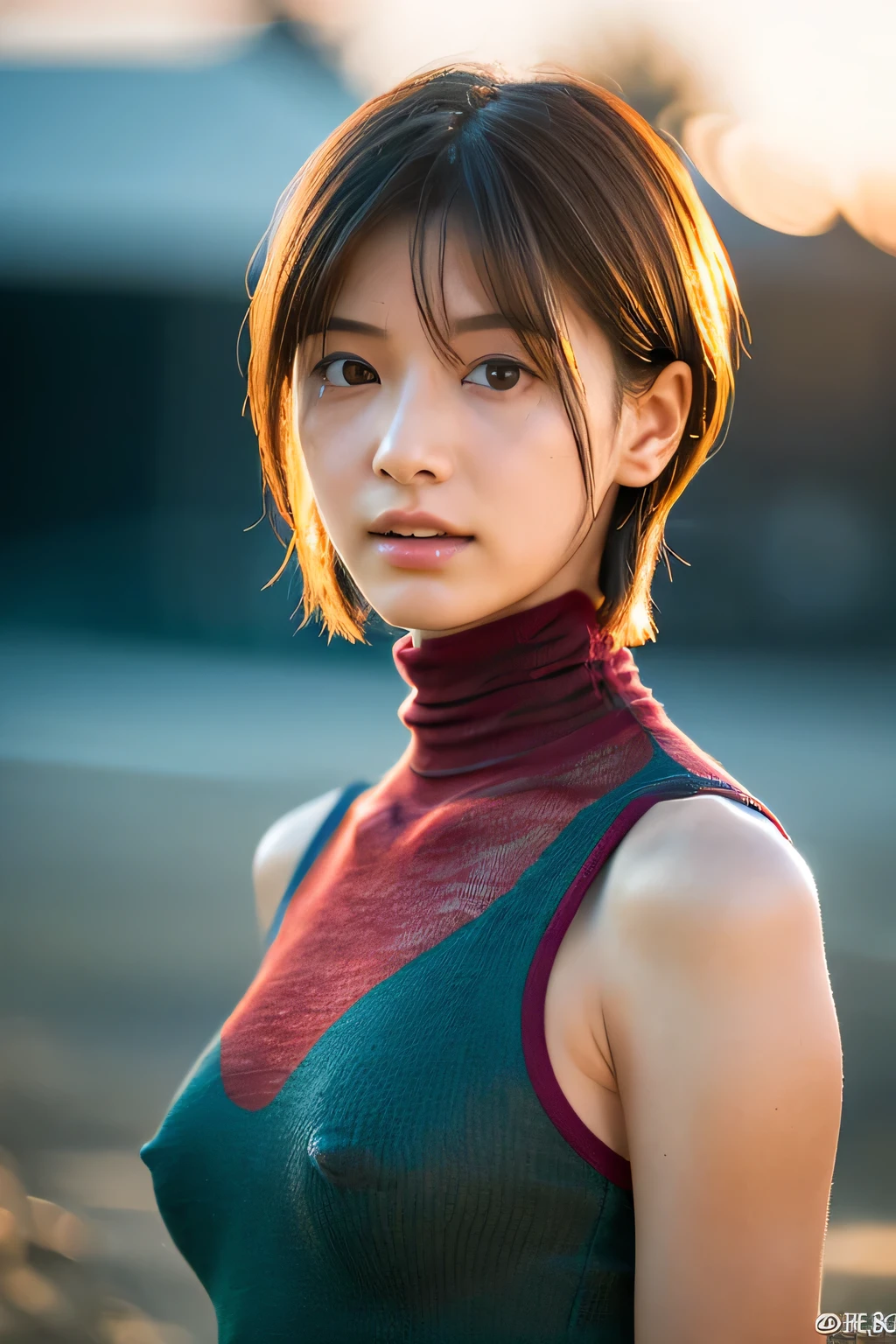 (Hyper Reality: 1.35), (Realistic: 1.4), A beautiful Japanese woman, smile, alone. light makeup, masterpiece, 最high quality, high quality, alone, Very good, puberty, Only one girl, Well-trained, muscular, slim body, breasts apart, (最high quality)),((Very delicate and beautiful)),((Very shallow depth of field)), ((Incredibly shallow depth of field)). family friendly, ((Very delicate and beautiful)), (((Very shallow depth of field))), (((Unbelievably absurd))), dark brown hair, blowing boyish bob hair, shag messy hair, wolf cut, big hair, windで揺れる髪, Slim body type,no pants, no bottoms, No pants:2, ((( Camera Eye)))), (((small ))), Looks like a salon model, Cool face, Neutral facial features,(ecstasy:1.3) ,(slut:1.2),(vulgarity:1.3),(fucked silly:1.1),(steam:1.1),(Wet:0.8),(trembling:0.8),(tears:0.7) ,(drooling:0.6),(sweat:0.8),open mouth,  poor, my + background, Dynamic Angle, Focus on women, {Particles of light}, Detailed background, Soft lighting, (dramatic), sunset, very beautiful sunset, Live Action, Realistic, (blurred background), 15 years old, ((wind)), ((Movement)), ((emotion)), ((colorful)), ((Baby Face)), Wither, sea background, No makeup, high neck, Sleeveless, latex, Fishnet, turtleneck,(((underboob))), whole body, 