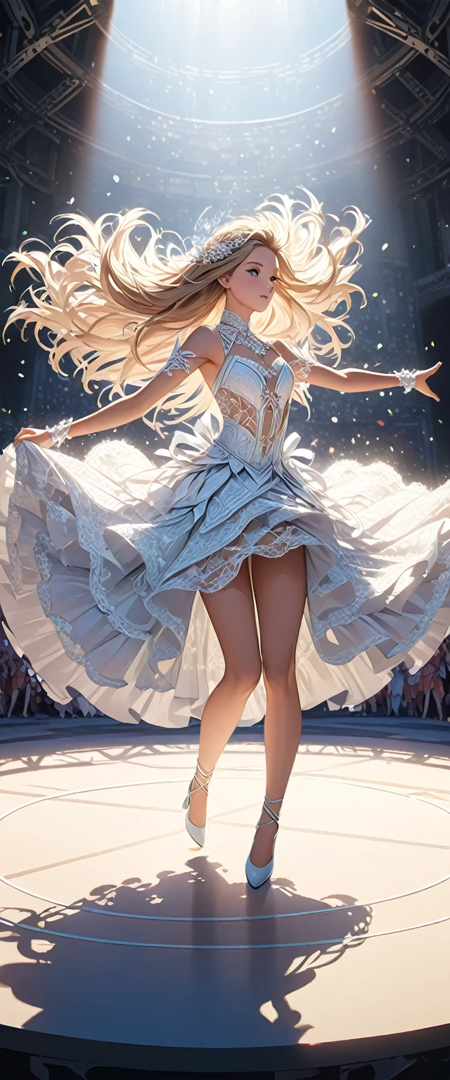 Long-haired dancer wearing white gauze skirt.white ribbon.Romantic and elegant dance costumes.Dancing on the big drum on the stage.Beautiful and extremely textured foreground and background，detailed, bright, Animation style high definition and high quality presentation((Masterpieces in up to 16K resolution):1.6),((soft_color_photography:)1.5), ((Super detailed):1.4),((Typical static images and dynamic angles):1.3), ( perfect anatomy )Complex patterns, soft shadows, highly detailed structures, digital art, high detail, 