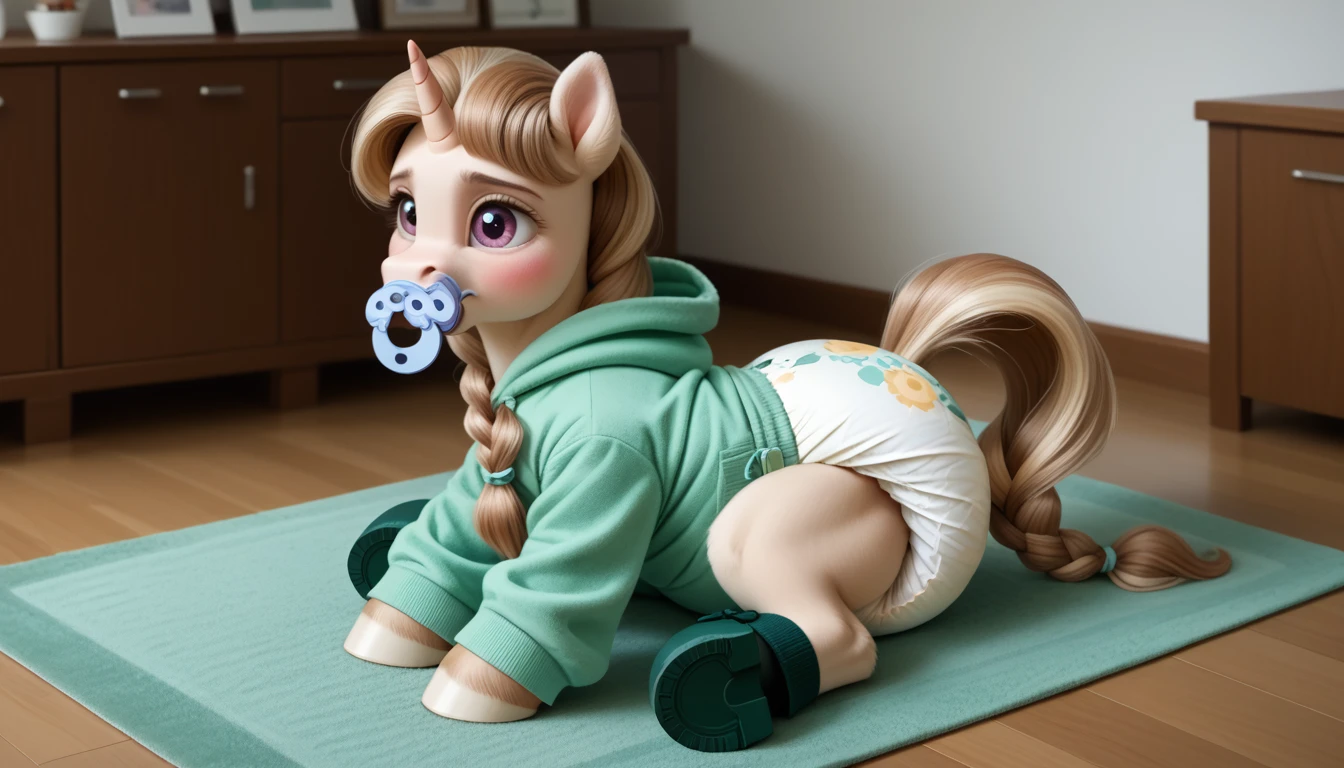 pony, light caramel unicorn, adult mare, plum eyes, lush mane braided, bushy tail, sitting on a soft play mat, dressed in bright green onesie adult size and green booties adult size, pacifier in mouth, solo, thick light green diaper under clothes, bulge on the back of the diaper, between the hind hooves and on the front of the diaper, sagging diaper, pink blush on cheeks, embarrassment, awkwardness.