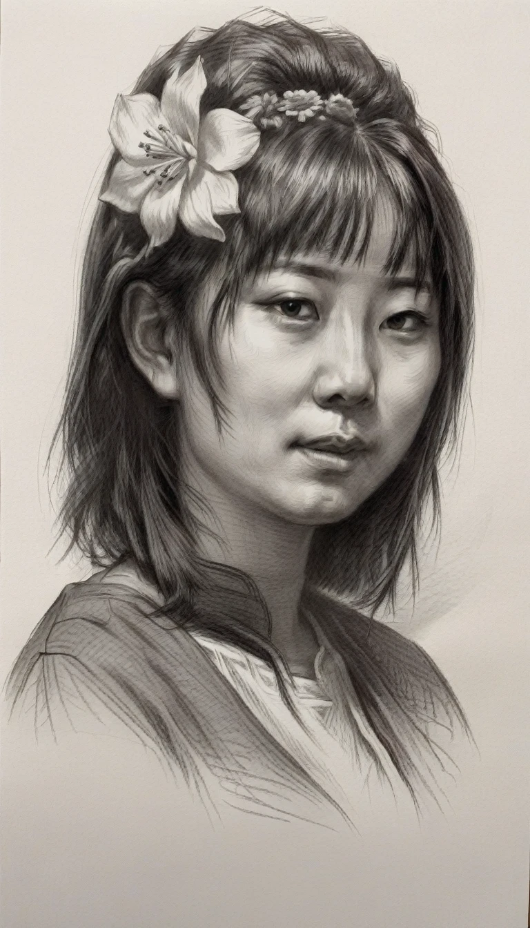 There is a drawing of a japanese woman with a flower in her hair, Portrait illustration, No estilo de arte de Bowater, detailed illustration portrait, digital illustration portrait, desenho de estilo vetorial, retrato de arte de linha, in illustration style digital, retrato estilizado, Cartoon style illustration, retrato detalhado, retrato bonito, Directed by: Milton Menasco, retrato dos desenhos animados, watercolor illustration style
