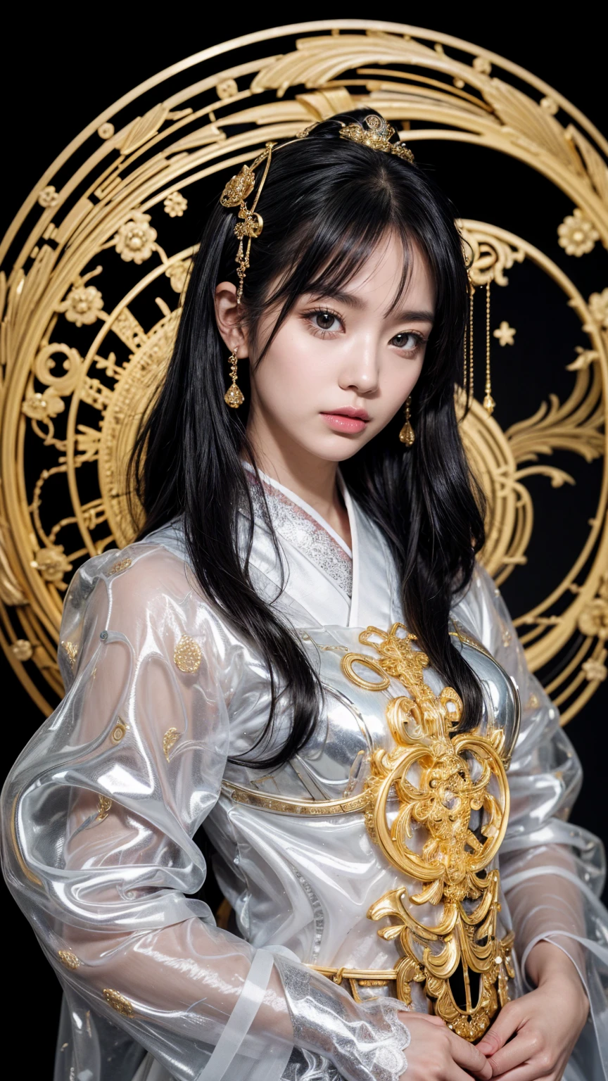 A portrait photo of a Japanese woman in her twenties，Made of white and silver clear glass and plastic, Geisha makeup, Black Hairstyle, Silver and gold metal interior, Dynamic poses, Fluid organic structure, Fine carving, Lace design, Glowing golden circuit, colorful Neon decoration, Fine carving, Lace design, Light-emitting circuit, Neon decoration, h&#39;s Artwork.R. Giger, Greg Rutofsky