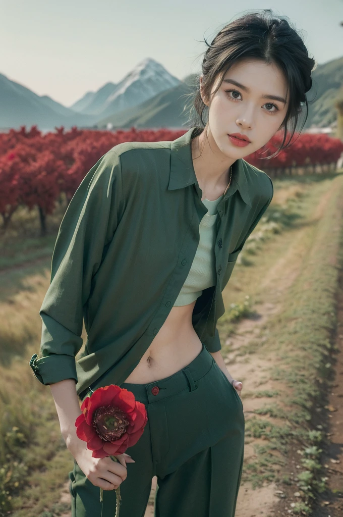 (((best quality))),(((ultra detailed))),(((masterpiece))),illustration,((1 beautiful girl,tomboy,solo)),(short black hair:1.3),((slim,thin)),((small breasts,thin)), vigorous, confident, (light green collared shirt:1.3), (dark green pants:1.2),(standing:1.3),simplicity, robustness, strong features, (Abandoned Gobi Scene:1.3),(Rock surface:1.2),glowing eyes, rebellious, sensible, (mountainous landscape:1.3), (only one vibrant red flower:1.3),elegance, unyielding spirit, youthful beauty, strength, resilience, adversity, challenges,((from front,upper body))
