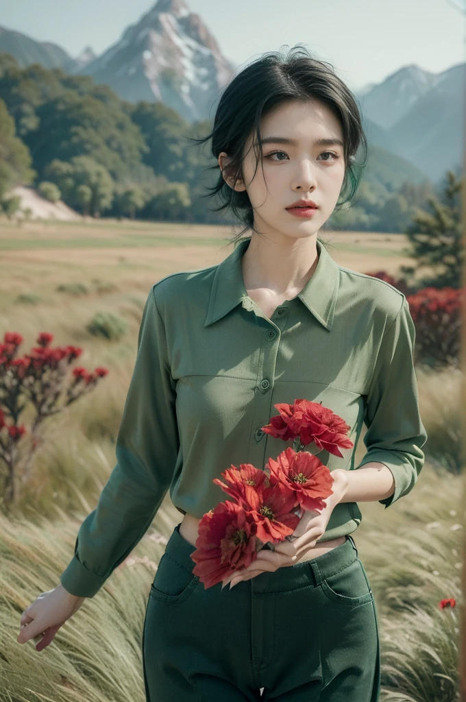 (((best quality))),(((ultra detailed))),(((masterpiece))),illustration,((1 beautiful girl,tomboy,solo)),(short black hair:1.3),((slim,thin)),((small breasts,thin)), vigorous, confident, (light green collared shirt:1.3), (dark green pants:1.2),(standing:1.3),simplicity, robustness, strong features, (Abandoned Gobi Scene:1.3),(Rock surface:1.2),glowing eyes, rebellious, sensible, (mountainous landscape:1.3), (only one vibrant red flower:1.3),elegance, unyielding spirit, youthful beauty, strength, resilience, adversity, challenges,((from front,upper body))