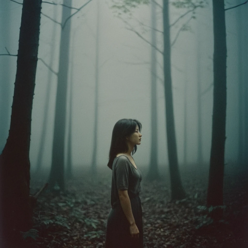 Radiant Darkness, a beautiful woman standing in a dark forest, fog, panasonic 35mm, a still melancholy scenery, disposable film, highres, tyndall effect, haze lighting, reality, polaroid photo 