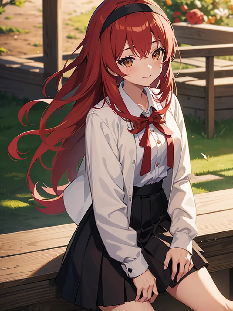 girls, 18 age, SENIOR HIGH SCHOOL, Anime girl, female, Red Hair, Long hair, headband, Brown eyes, smile, blushing, White shirt, Green jacket, Black skirt, skirt with shorts, Kyoto Background day, Anime style, HD, Illustration, pixiv