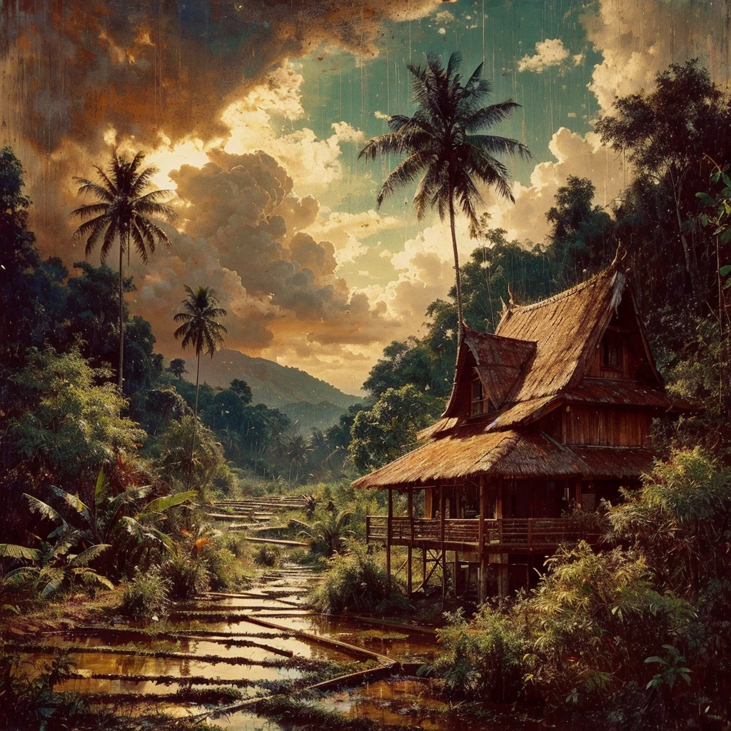 Oil paint splattered era 1960, a view, dirt road junction, There is an open house without a room where 2 people are chatting in the house, There was a man who was walking behind him, there was a woman, samping kanan kiri forest rapat borneo, there is a mountain background, forest, coconut tree, and trees, there is bush grass, ferns plant,very dark night,naturalism,Realism,very dull canvas,basuki abdullah style,Oil paint splashes are intuitive