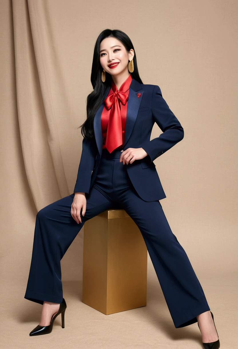 Ultra-realistic capture、High resolution、masterpiece、Photo Real、Genuine、4K、Background blue、Japanese female director giving blowjob to man's penis、48 years old、Stylish ladies suit with brown jacket、A gold ribbon blouse made of soft satin fabric(Giant ribbon)、Dark blue skinny pants、Black high heels、Long straight black hair、Royal earrings、Wrinkles around the eyes、General facial features、Bright red lipstick、smile、Plump figure、Lower body emphasis、front、looking at the camera、Angle of view that allows you to see the whole body、