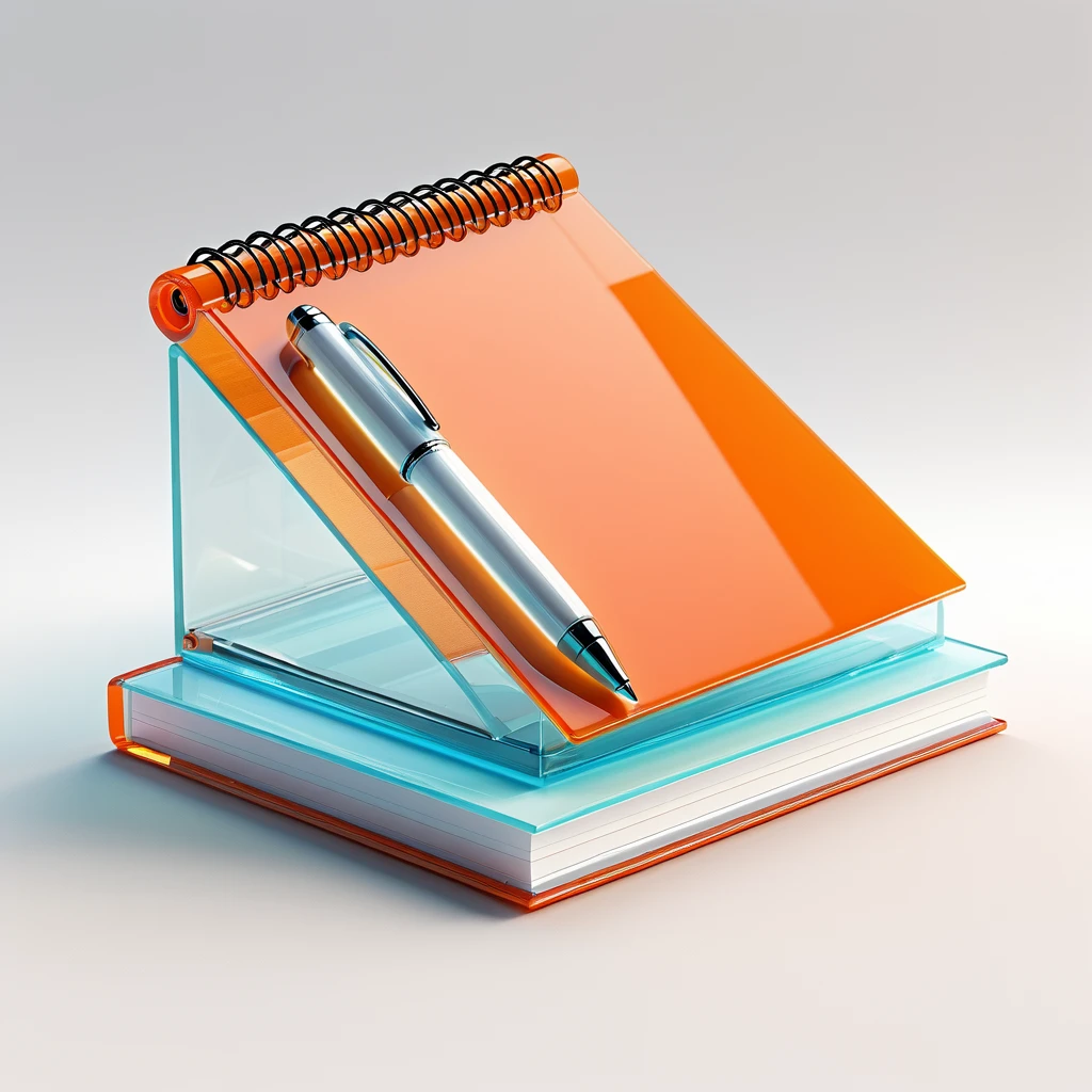 3D icon, Notepad and a pen, Glass texture, oranger colour, no humans, white background, simple background, still life, shadow, science fiction, three sided view, 8k, super detail, best quality