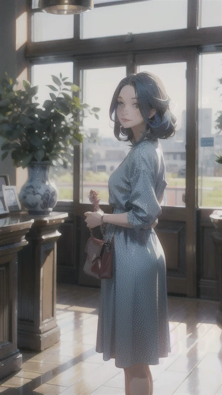 A girl around 16 years old, a little more mature, active and wearing a casual dress, medium-long light ash blue hair, beautiful jade-colored almond eyes, about 150cm tall, outer space relay, spaceport lobby, there are a moderate number of people behind her, a check-in counter in the far right, a potted plant, a planet visible through the window on the left, holding a travel bag, standing to the right, looking out the window