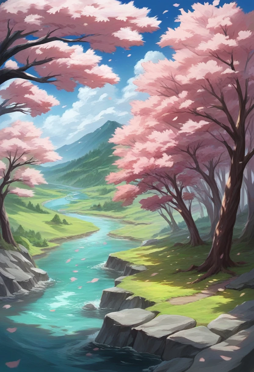 River and bridge、And a picture of a bridge in the background, Cherry Blossom forest, Beautiful Art UHD 4K, Detailed painting 4k, Cherry Blossom trees, Japanese Landscape, Cherry Blossoms, 4K Highly Detailed Art, Cherry tree, Cherry Blossom, Beautiful peaceful scene in anime, Landscape painting, Japanese Nature, Landscape painting 詳細, lush Cherry tree