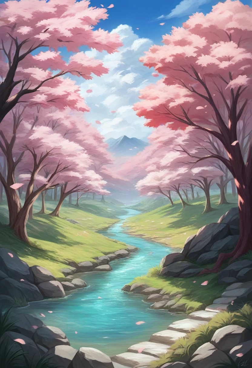 River and bridge、And a picture of a bridge in the background, Cherry Blossom forest, Beautiful Art UHD 4K, Detailed painting 4k, Cherry Blossom trees, Japanese Landscape, Cherry Blossoms, 4K Highly Detailed Art, Cherry tree, Cherry Blossom, Beautiful peaceful scene in anime, Landscape painting, Japanese Nature, Landscape painting 詳細, lush Cherry tree
