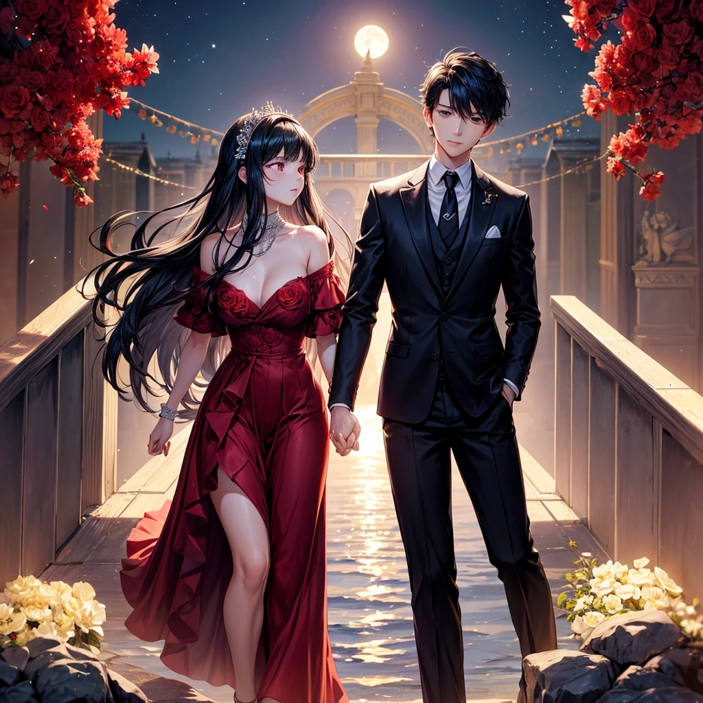 A young man proposes to a girl in a proposal position while holding her hands. He is wearing an elegant black suit and his hair is black. The girl is wearing charms like those of princesses on the bus. Its color is red with violet and full of red roses. The jacket is fluffy and her hair is black. It is cut from the beginning of the hair to half of the eye, and in front of her ears is a long strand. A little, almost approaching the shoulder, and the rest of the hair at the back is tied in a circular shape, like princesses standing on a bridge with water underneath it that reflects them on it and reflects the duke of the moon, the stars, and the sky at night, and the roses are scattered in the air, and the atmosphere is romantic.
