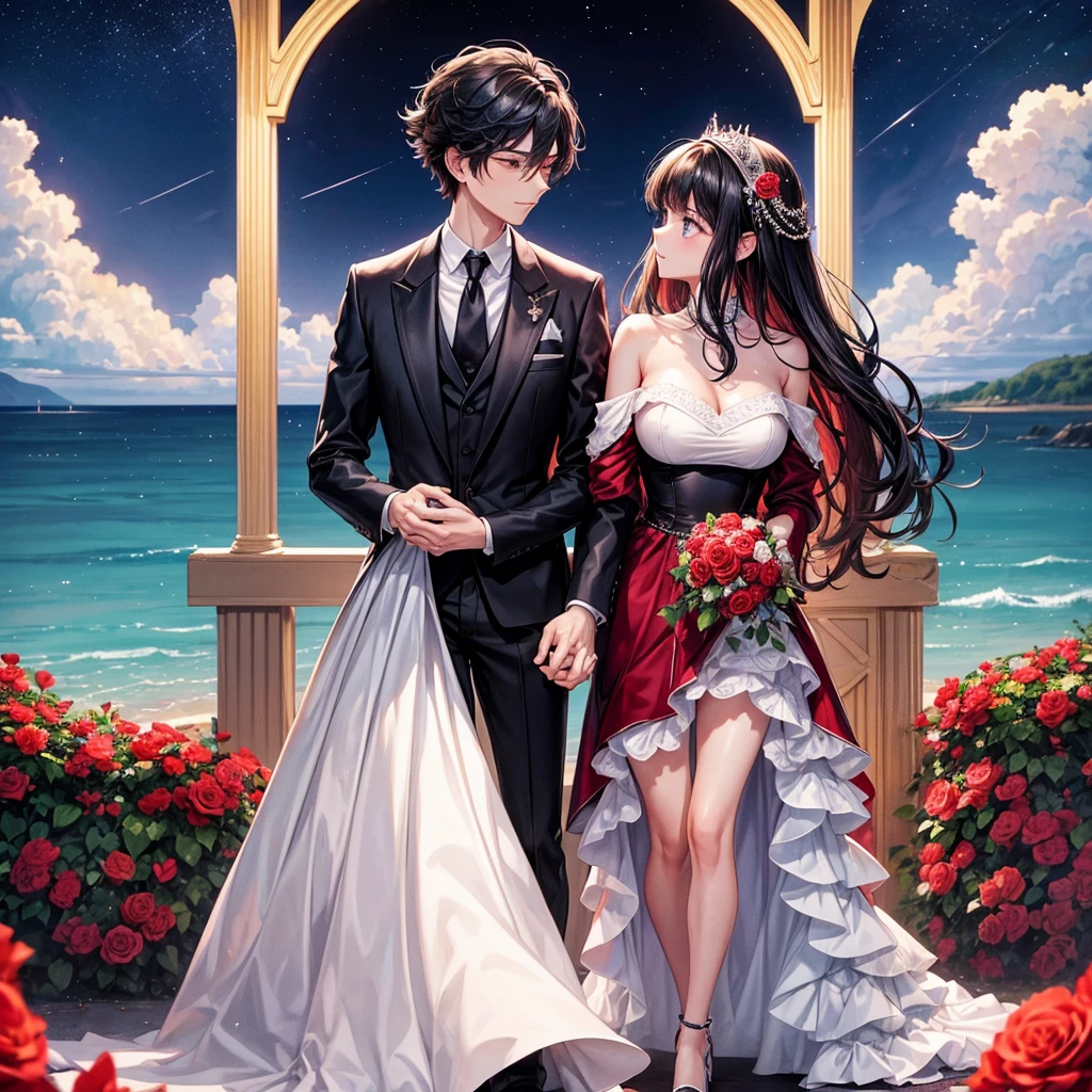A young man proposes to a girl in a proposal position while holding her hands. He is wearing an elegant black suit and his hair is black. The girl is wearing charms like those of princesses on the bus. Its color is red with violet and full of red roses. The jacket is fluffy and her hair is black. It is cut from the beginning of the hair to half of the eye, and in front of her ears is a long strand. A little, almost approaching the shoulder, and the rest of the hair at the back is tied in a circular shape, like princesses standing on a bridge with water underneath it that reflects them on it and reflects the duke of the moon, the stars, and the sky at night, and the roses are scattered in the air, and the atmosphere is romantic.