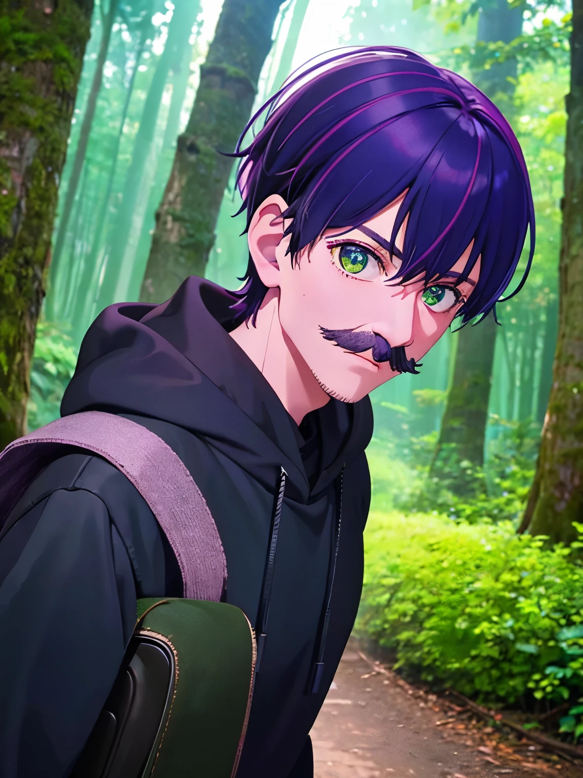 1 old man, 70 years old,Carrying a big bag,Walk in the forest,purple hair,short hair, green eyes, purple mustache,black hoodie, black trousers,,ultra detail, ultra HD, standing,Thin body,close up photo