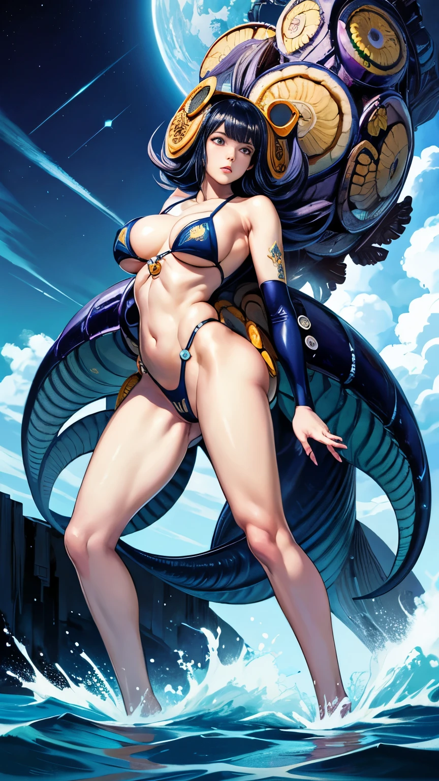 Frank Paul, Kelly Freas, Lorenzo Sperlonga, Hajime sorayama, Keith Garvey, Surrealism Mysterious Weird Fantastic Fantasy Sci-Fi, Japanese Anime, Invasion of Walking Ammonites from the Deep Sea, Swimsuit Beautiful Girl Earth Defense Force, perfect voluminous body, dynamic actions, poses, detailed masterpiece