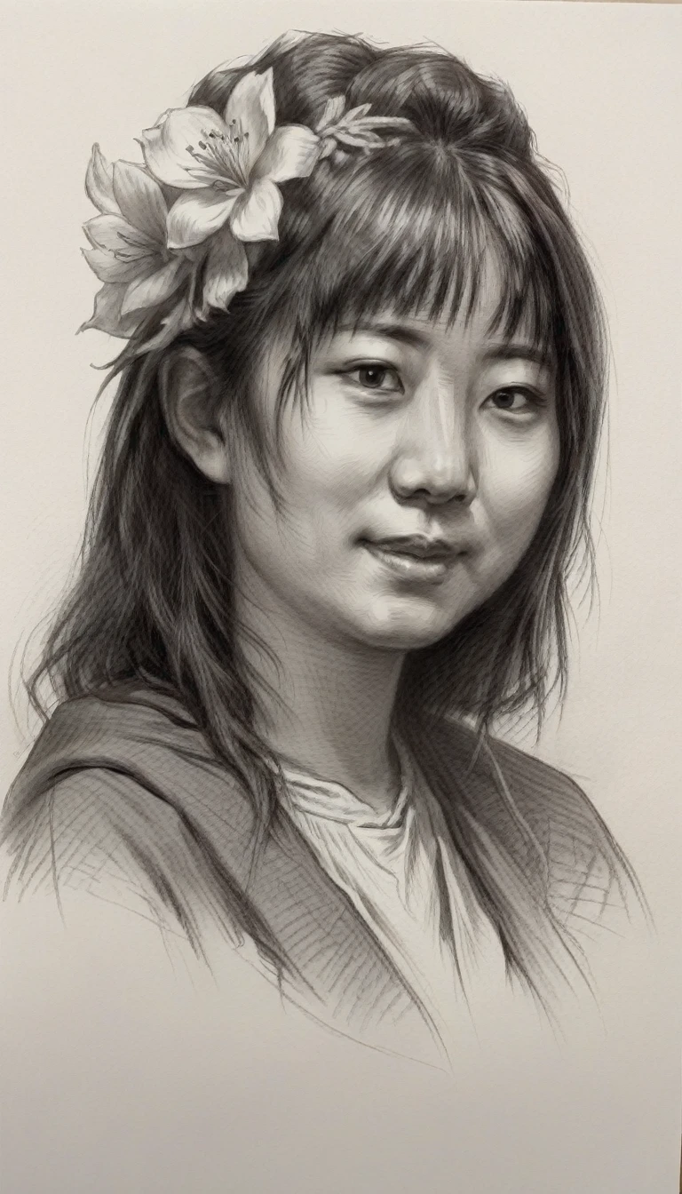 There is a drawing of a japanese woman with a flower in her hair, little smiling, Portrait illustration, No estilo de arte de Bowater, detailed illustration portrait, digital illustration portrait, desenho de estilo vetorial, retrato de arte de linha, in illustration style digital, retrato estilizado, Cartoon style illustration, retrato detalhado, retrato bonito, Directed by: Milton Menasco, retrato dos desenhos animados, watercolor illustration style
