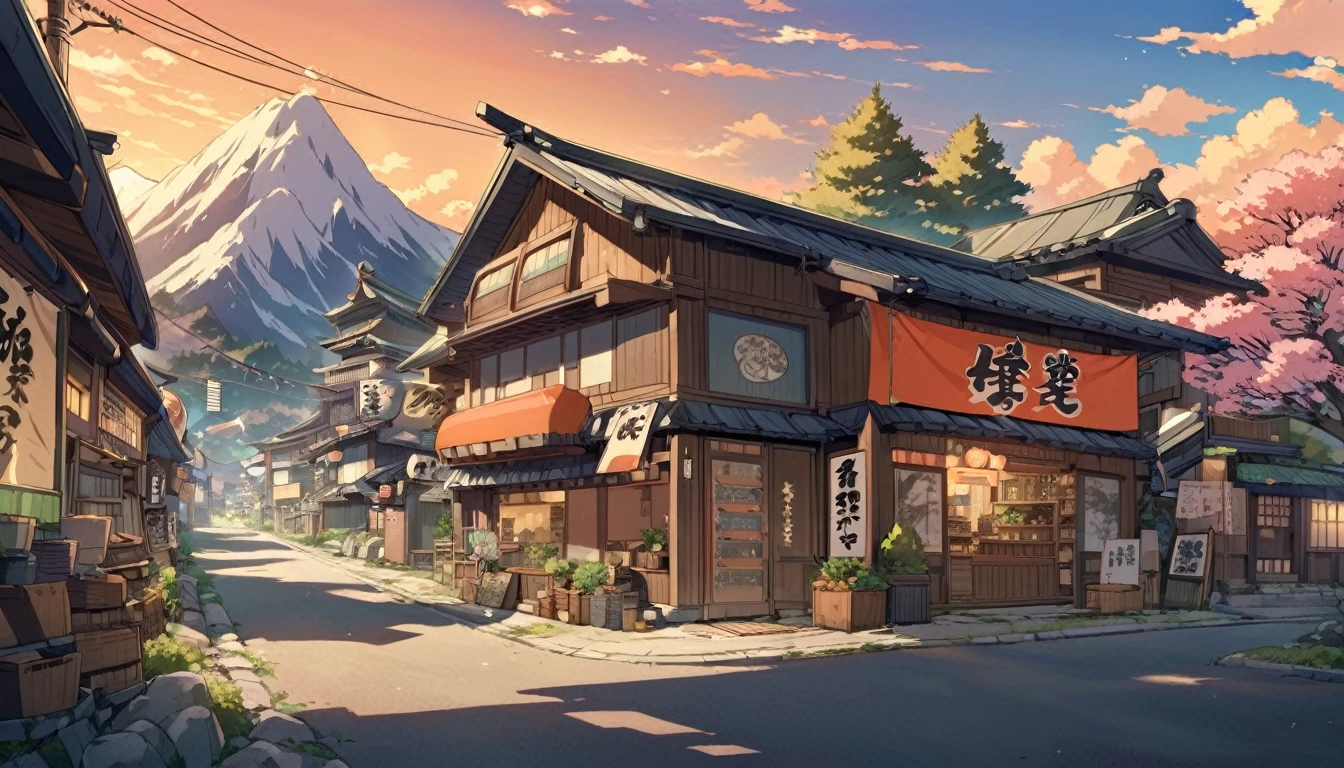 anime background, anime wallpaper, anime, anime style, admiration, admiration style,, mountains, uphill, japanese showa era architecture, small japanese shops, big retro japanese shop signs, retro japan shop, tree, plant, rock, flowerpot, shop sign, japanese banner, japanese sign, flag, sunrise, golden hour, golden lighting, empty street, nobody in sight, (nobody: 1), Top quality, ghibli, Taisho Roman,lofi art
