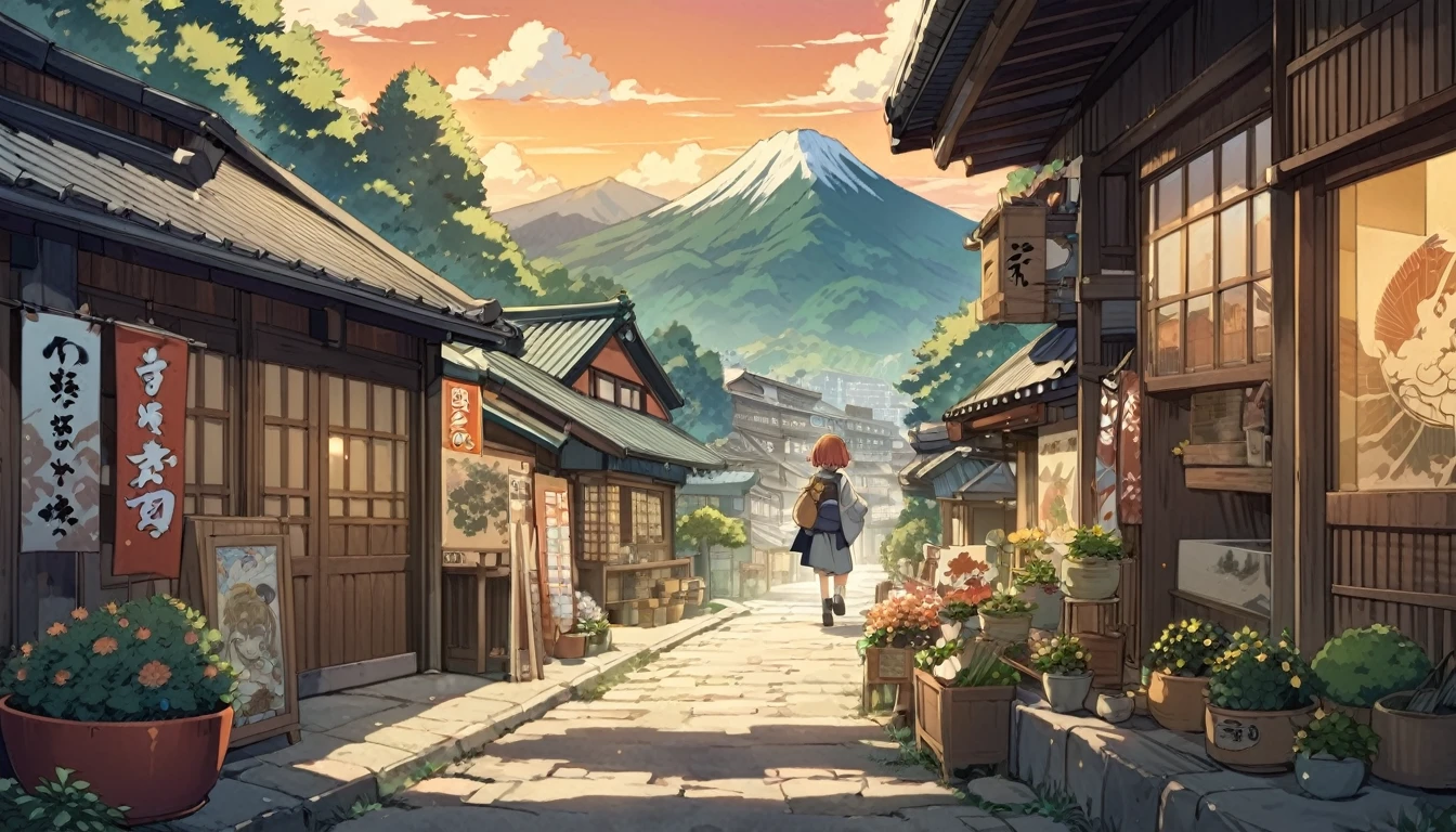 anime background, anime wallpaper, anime, anime style, admiration, admiration style,, mountains, uphill, japanese showa era architecture, small japanese shops, big retro japanese shop signs, retro japan shop, tree, plant, rock, flowerpot, shop sign, japanese banner, japanese sign, flag, sunrise, golden hour, golden lighting, empty street, nobody in sight, (nobody: 1), Top quality, ghibli, Taisho Roman,lofi art