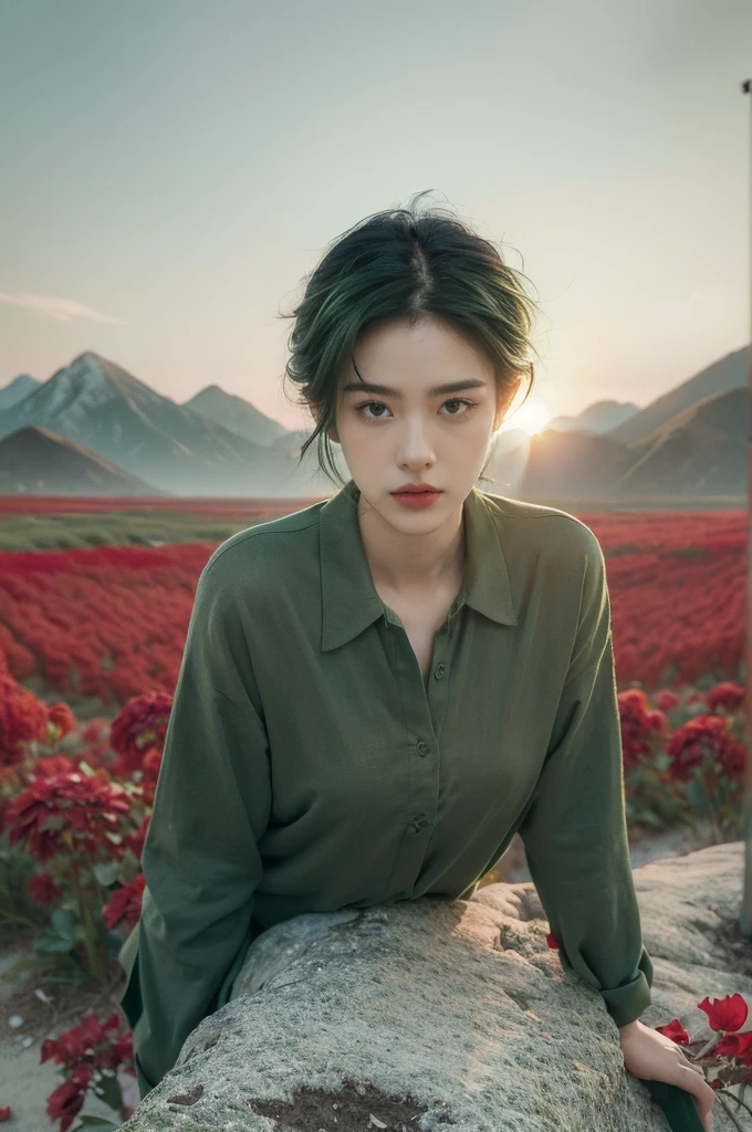 (((best quality))),(((ultra detailed))),(((masterpiece))),illustration,((1 beautiful girl,tomboy,solo)),(short black hair:1.3),((slim,thin)),((small breasts,thin)), vigorous, confident, (light green collared shirt:1.3), (dark green pants:1.2),(standing:1.3),simplicity, robustness, strong features, (Abandoned Gobi Scene:1.3),(Rock surface:1.2),glowing eyes, rebellious, sensible, (mountainous landscape:1.3), (only one vibrant red flower:1.3),elegance, unyielding spirit, youthful beauty, strength, resilience, adversity, challenges,((from front,upper body))