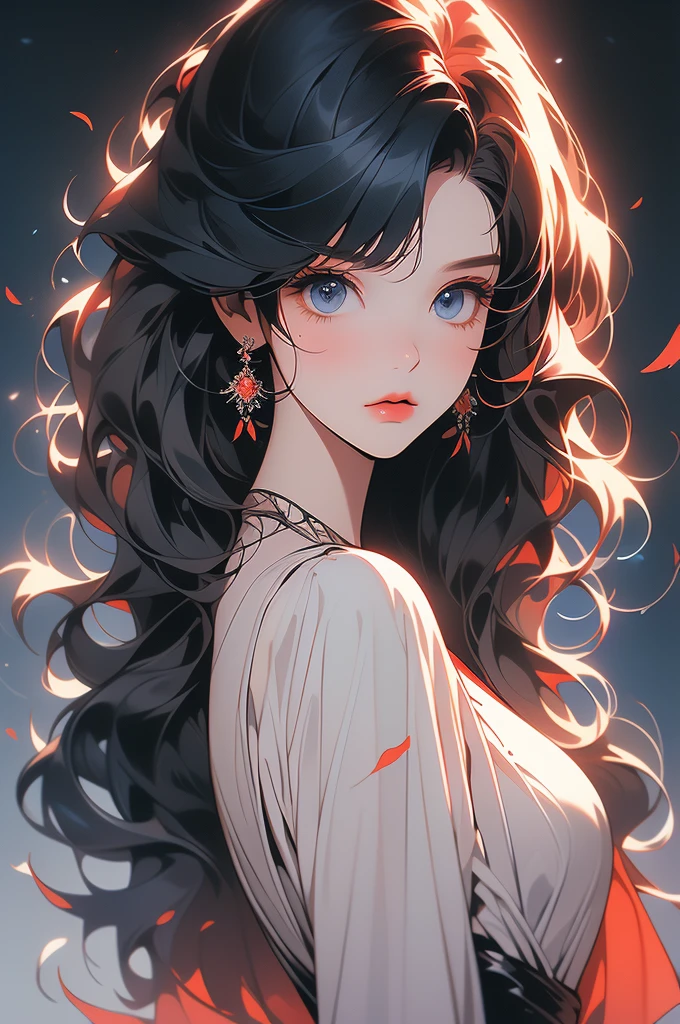 a stylized art of a woman in a pretty dress with red hair, 1girl, solo, jewelry, earrings, blue eyes, looking at viewer, mole, black background, red hair,((layered hair)), (((raised hair ends))), (((hair ends up))), (((black hair))), (((straight hair))) (long pointed bangs), (loose hair), (((short hair))),((short wavy hair))