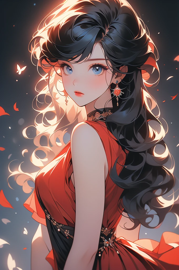 a stylized art of a woman in a pretty dress with red hair, 1girl, solo, jewelry, earrings, blue eyes, looking at viewer, mole, black background, red hair,((layered hair)), (((raised hair ends))), (((hair ends up))), (((black hair))), (((straight hair))) (long pointed bangs), (loose hair), (((short hair))),((short wavy hair))