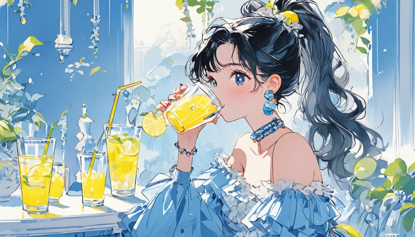 Highest quality,One girl,alone,Black hair ponytail,Earrings,Drinking a drink from a cup through a straw,Lemon juice in a cup,Off-the-shoulder clothing,bracelet,nail,Frills,clavicle,The background is blue