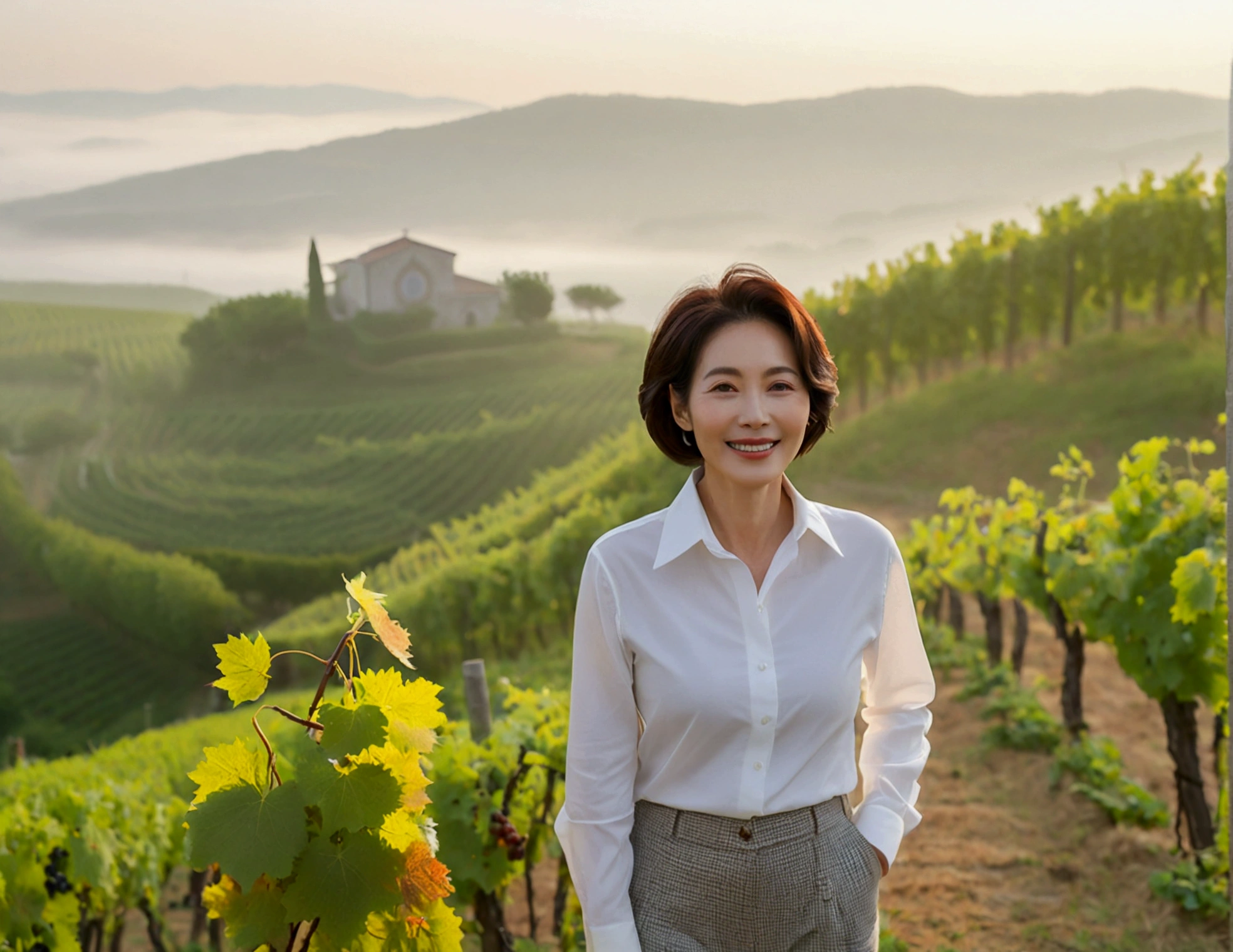 Italy foggy countryside dawn, Endless vineyards, A cathedral can be seen far away in the fog.. Close-up of a Korean woman in her 40s, Wearing a luxury brand slightly thick white shirt, Gamjangseok casual pants, Korean woman with beautiful short medium bob hair, Standing on a path on top of a vineyard hill, Korean woman with bright and beautiful skin, Stunning Korean woman smiling, standing in the vineyard , 1 woman