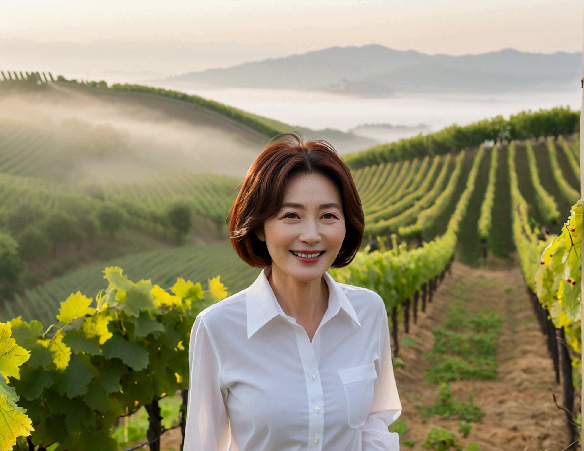 Italy foggy countryside dawn, Endless vineyards, A cathedral can be seen far away in the fog.. Close-up of a Korean woman in her 40s, Wearing a luxury brand slightly thick white shirt, Gamjangseok casual pants, Korean woman with beautiful short medium bob hair, Standing on a path on top of a vineyard hill, Korean woman with bright and beautiful skin, Stunning Korean woman smiling, standing in the vineyard , 1 woman