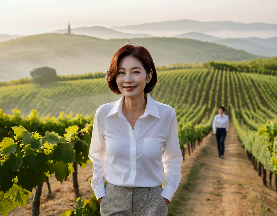Italy foggy countryside dawn, Endless vineyards, A cathedral can be seen far away in the fog.. Close-up of a Korean woman in her 40s, Wearing a luxury brand slightly thick white shirt, Gamjangseok casual pants, Korean woman with beautiful short medium bob hair, Standing on a path on top of a vineyard hill, Korean woman with bright and beautiful skin, Stunning Korean woman smiling, standing in the vineyard , 1 woman