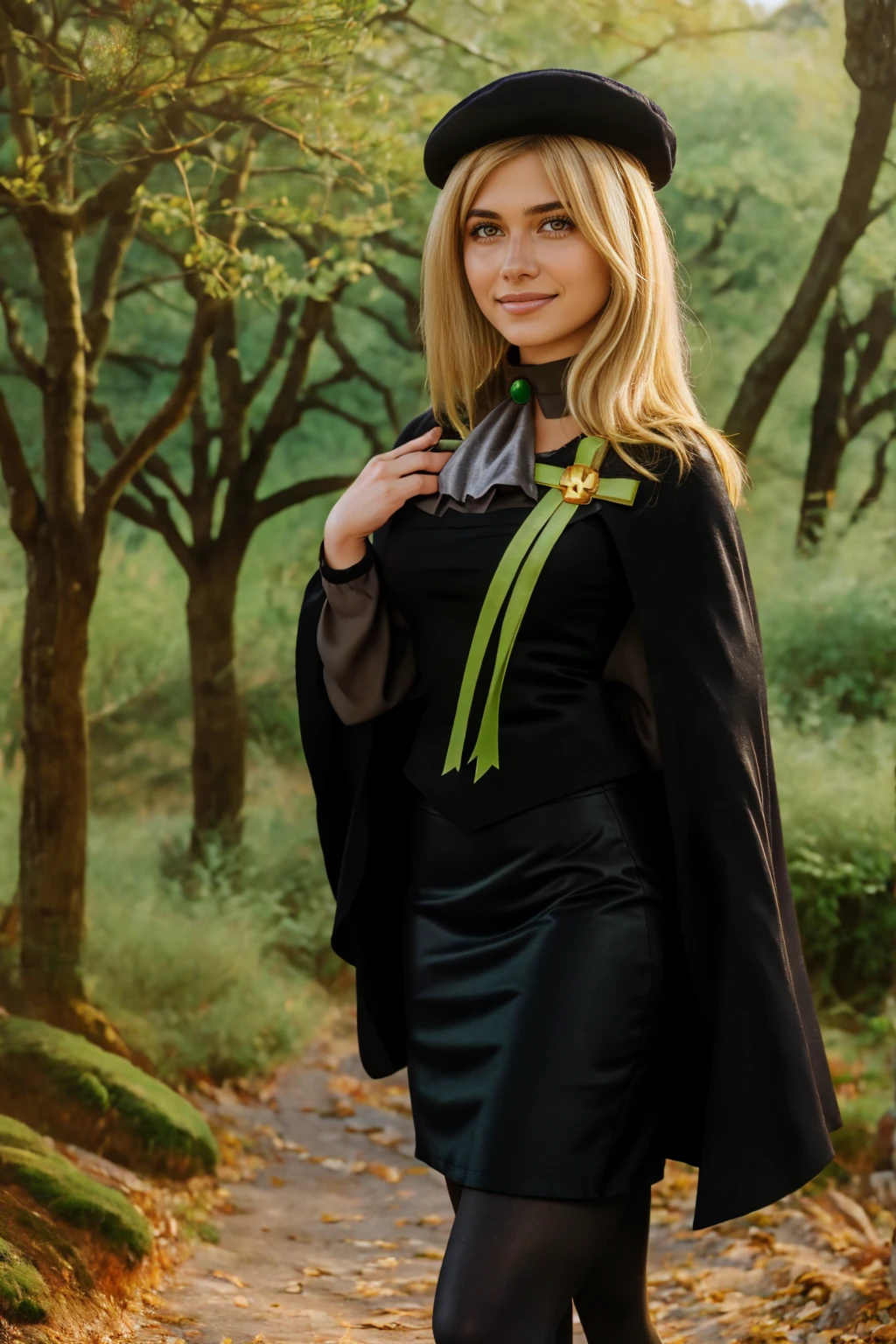 1 girl, best quality, ((Miyo)), tarankaaa, perfect face, Hailey Lujan, beautiful smile, 30 years old, ((ascot,uniform, black skirt, cross, ribbon, gold blonde hair, emerald, beret, cape, pantyhose)), ((perfectly drawn hands)), perfect body, bare tree, bush, fog, forest, grass, nature, outdoors, plant, scenery, solo, standing, tree, 32k photograph, ((perfect eyes, detailed eyes,realistic eyes)), ((sharp face, detailed face, realistic face, natural skin, realistic skin, detailed skin, pores)), full body, tone mapping, asian-european, ((masterpiece)), ((highres)), ((detailed background)), japanese village background, night, big proportions, (abdomen is covered)