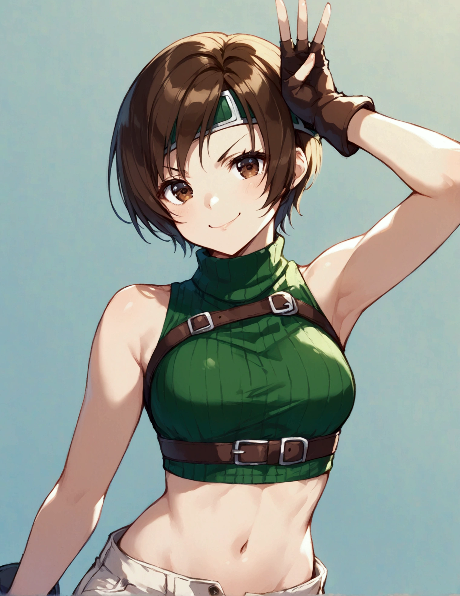 score_9, score_8_up, score_7_up,BREAK best quality,high quality,masterpiece,aesthetic,very aesthetic,　soro,1girl,yuffie kisaragi,, final fantasy,short hair,headband,navel,sleeveless,turtleneck
brown eyes,
sleeveless turtleneck,gloves,crop top,brown hair,shorts,midriff,sweater,open fly,fingerless gloves,ribbed sweater,looking at viewer,smug,v,v-shaped eyebrows,wide eyes,