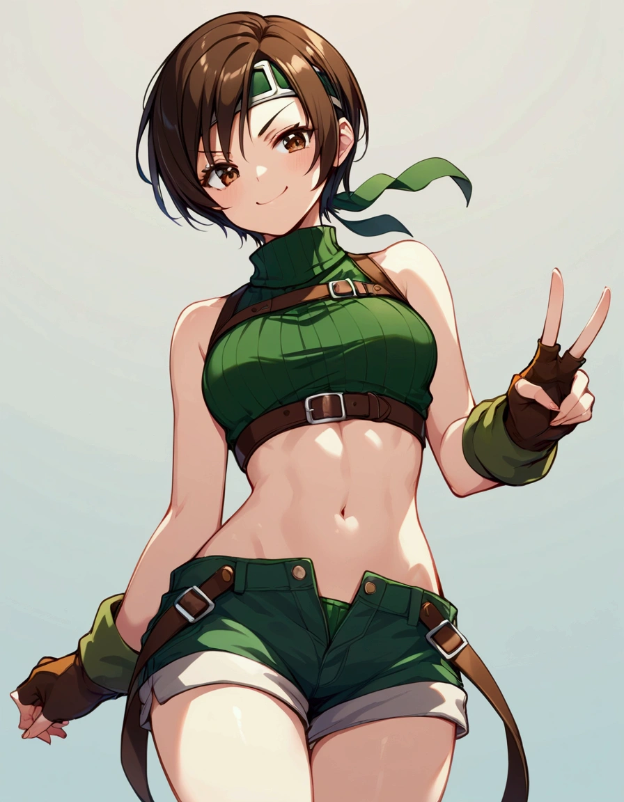 score_9, score_8_up, score_7_up,BREAK best quality,high quality,masterpiece,aesthetic,very aesthetic,　soro,1girl,yuffie kisaragi,, final fantasy,short hair,headband,navel,sleeveless,turtleneck
brown eyes,
sleeveless turtleneck,gloves,crop top,brown hair,shorts,midriff,sweater,open fly,fingerless gloves,ribbed sweater,looking at viewer,smug,v,v-shaped eyebrows,wide eyes,