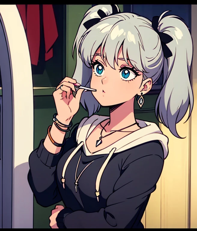 , huge, Twin tails, Silver Hair, hoodie, Vintage Gothic, Pause, cute, Look up, high quality, necklace, ring, bracelet, Earrings