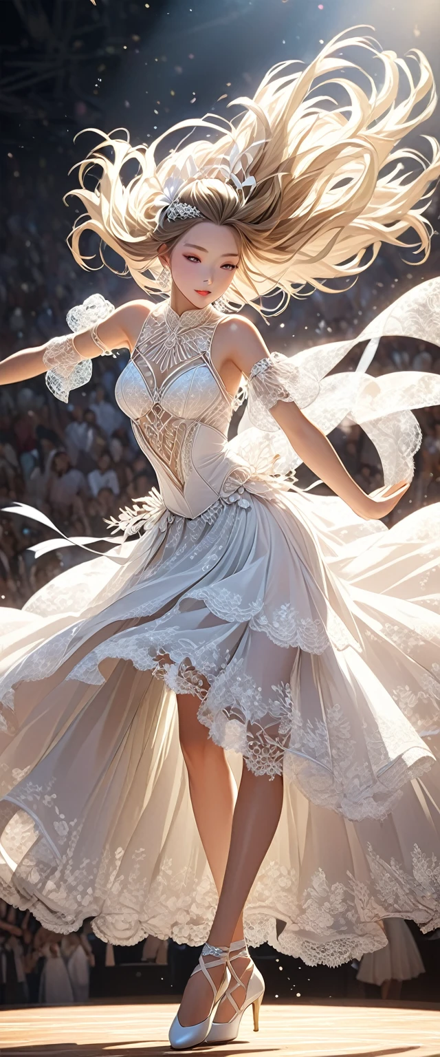 Long-haired dancer wearing white gauze skirt.white ribbon.Romantic and elegant dance costumes.Dancing on the stage.Beautiful and extremely textured foreground and background,detailed, bright, Animation style high definition and high quality presentation((Masterpieces in up to 16K resolution):1.6),((soft_color_photography:)1.5), ((Super detailed):1.4),((Typical static images and dynamic angles):1.3), ( perfect anatomy )Complex patterns, soft shadows, highly detailed structures, digital art, high detail,