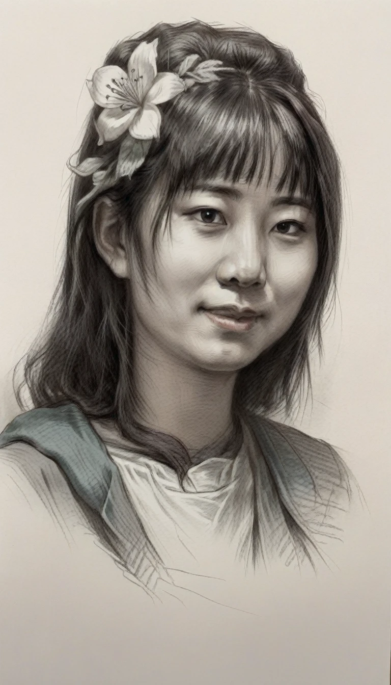 There is a drawing of a 25 years old japanese woman with a flower in her hair, little smiling, Portrait illustration, No estilo de arte de Bowater, detailed illustration portrait, digital illustration portrait, desenho de estilo vetorial, retrato de arte de linha, in illustration style digital, retrato estilizado, Cartoon style illustration, retrato detalhado, retrato bonito, Directed by: Milton Menasco, retrato dos desenhos animados, watercolor illustration style
