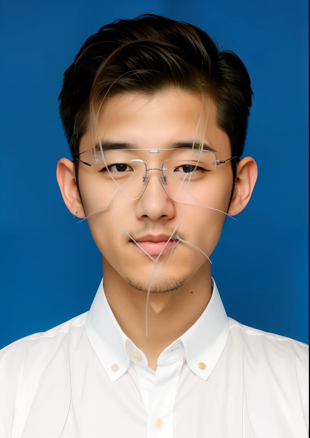 blond hairbl、Gray short sleeves、wears glasses、Camera in hand。