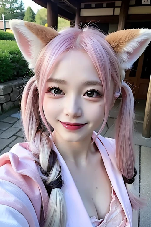 ((Pink Hair))、((Pink Hair))、((Twin tails))、((Highest quality、8k、masterpiece))、((Landmine Girl))、((Highest quality、8k、masterpiece))、Sharp focus:1.2、((Big smile))、(((Small fox ears)))、Cute 17 year old girl with perfect figure:1.4、Slim Abs:1.2、((Dark brown hair))、street:1.2、Highly detailed face and skin texture、fine grain、The chest is exposed、double eyelid、shoulder、Close-up of a woman in a kimono posing for a photo、Japanの女神、Japan人モデル、white、((Small breasts))、Shrine maiden costume、Japan、Drawing attractive anime girls。Cleavage