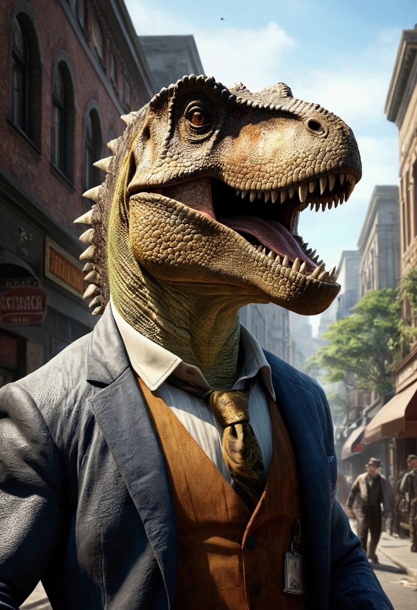 Dinosaur Tyrannosaurus reborn and on the streets today, charming, comical, science fantasy, saurian nameplate around the neck, top quality