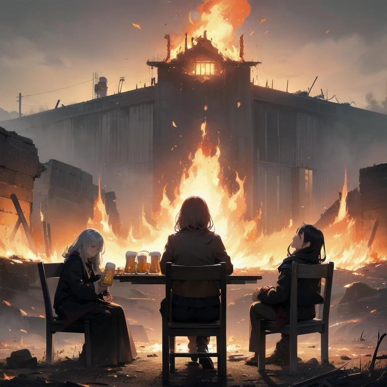 1girl, alone, lonely, sad, depressing, dark, cinematic, (watching the world burn), apocalypse, world ending, ruined buildings, dynamic shot, madness, glee, disappointment, stand above all, against the odds, desperate prayer, grim fate, cruel hope, death awaits, (high-fantasy), ((((drinking beer on a lone chair in the middle of nowhere)))), ((fire all around)), ((burning flames all around)), cinders, blaze