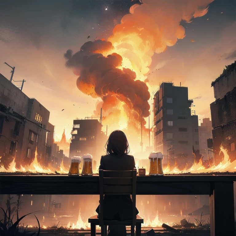 1girl, alone, lonely, sad, depressing, dark, cinematic, (watching the world burn), apocalypse, world ending, ruined buildings, dynamic shot, madness, glee, disappointment, stand above all, against the odds, desperate prayer, grim fate, cruel hope, death awaits, (high-fantasy), ((((drinking beer on a lone chair in the middle of nowhere)))), ((fire all around)), ((burning flames all around)), cinders, blaze