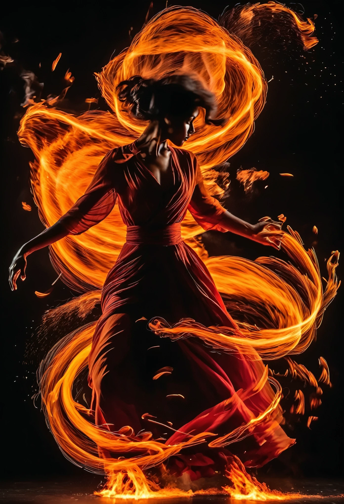 dancer, flowing silhouette, trails of fire, long exposure effect, dynamic movement, sparks, smoke, vibrant orange and red flames, black background for contrast