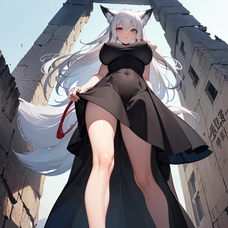 (8k, Realistic, RAW Photos, Highest quality, (from below:2),looking at the camera: 1.3), (Fox Girl, Fox Ears, Silver Hair, One Girl, Long Hair, (Alone on the screen, dark skin), High definition:1.6), (頭以outsideは鎧, Too much exposure:2), (Body measurements are 99-55-77!, Height: 145cm, Nice body, Big Breasts, slender, muscle, (Stand with your legs apart, I can see the valley):1.9),(美しいface, Delicate drawing, It is written down in detail), Avatar, face, 色っぽいface, Dominant representation, naughty face, Uplifting, Skin Texture, outside, ruins, Ruined City, Broken Building, There are no people